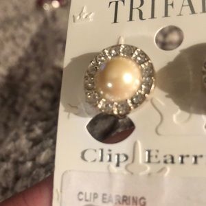 Trifari Jewelry - Silver, Pearl and diamond clip on earrings Trifari Jewelry - Silver, Pearl and diamond clip on earrings